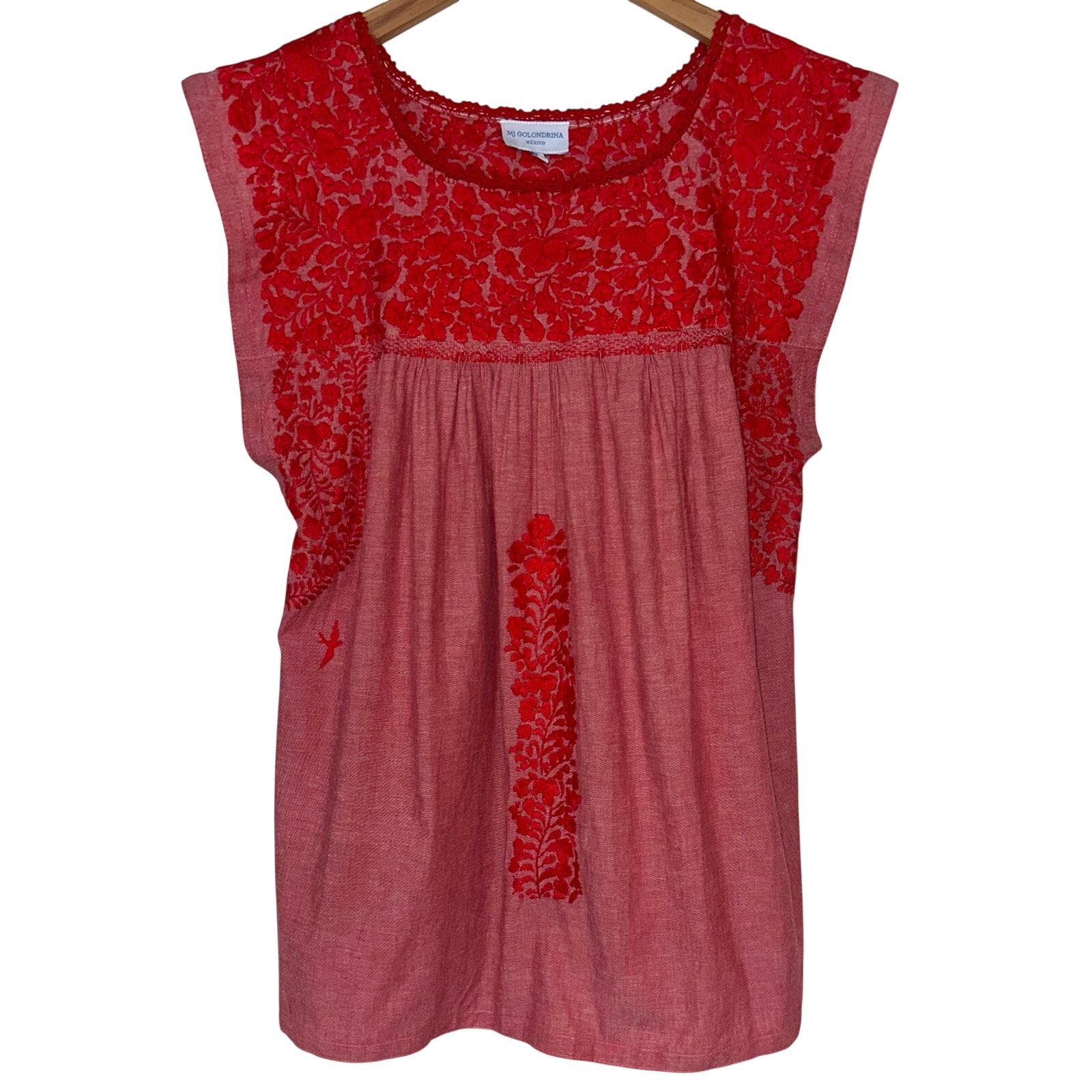 Mi Golondrina Flores Red Floral Embroidered Flutter Sleeve Blouse Size L $325